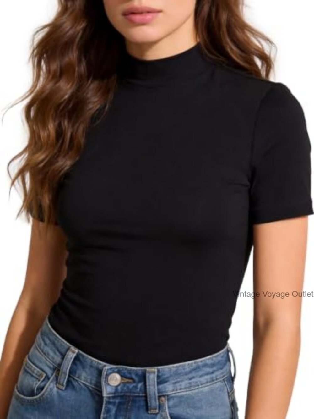 Womens Mock Neck Slim Fit Short Sleeve T-Shirt with Floral Pattern